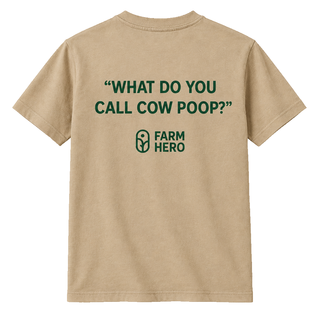 Tan tee, back only with cow poop quote