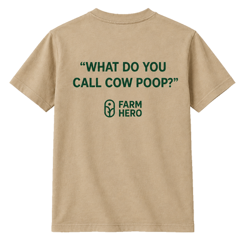 Tan tee, back only with cow poop quote