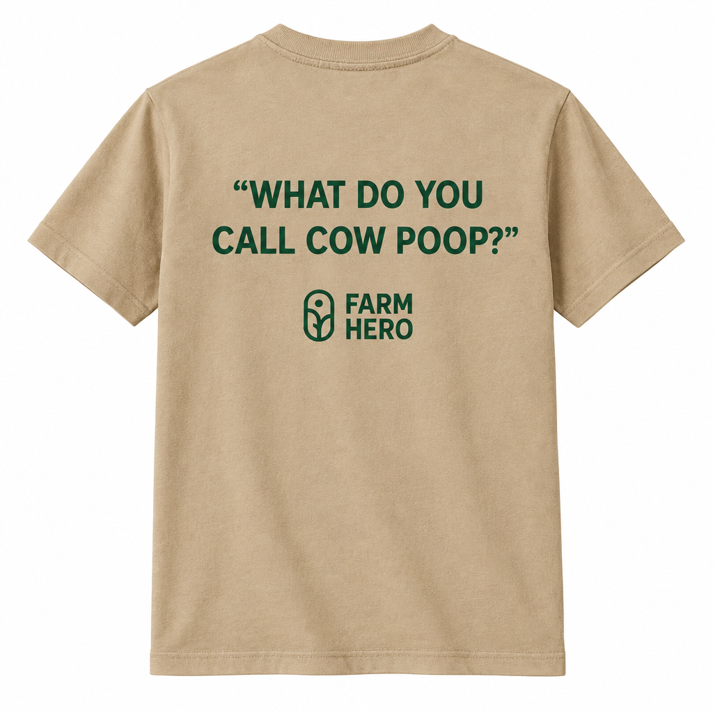 Tan tee, back only with cow poop quote